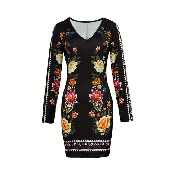 NEW-XL Vintage Floral Print] Autumn Elegance Bodycon Polyester Knit Stretchy - Picture 2 of 6